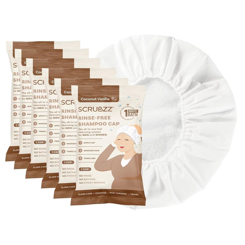 Scrubzz Shampoo Caps No Rinse for Elderly and Bedridden Patients Rinse Free Shampoo Caps for Post Surgery and Hospital Stays Waterless Hair Washing Shower Caps Coconut Vanilla 6 Pack